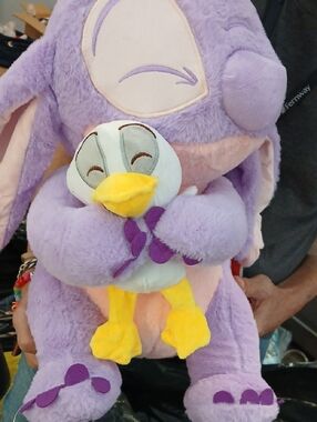 Plush Lilac Bunny Holding Yellow Duck Soft Pet Toy